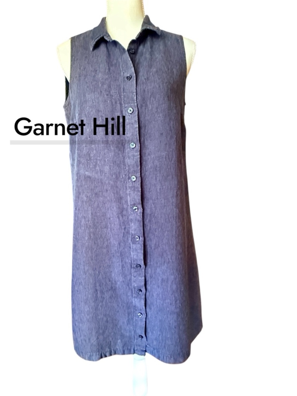 Garnet Hill 100% Linen Sleeveless Button-Down Dress - Denim Blue